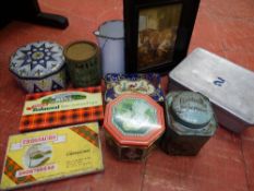 Parcel of vintage metal tins, enamel jug and a framed picture of a horse