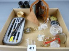 Tray of collectables including pens, binoculars, military cap badges etc