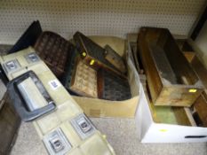 Quantity of printer's wooden boxes and similar items and a filing briefcase