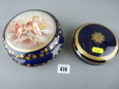 Limoges china blue and gilt lidded bowl with cherubic decoration to the lid and another Limoges blue