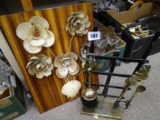Shell decorated plaque and a fire irons set