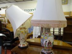 Two Oriental decorated vases converted to table lamps with shade