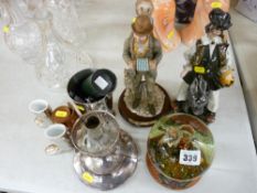 Mixed ornamental items including a golfing snow globe