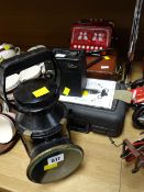 Carriage lamp, vintage Ensign box camera, small brown leather case etc