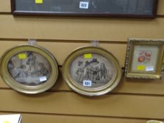 A pair of oval gilt framed monochrome prints of Victorian children together with a small framed silk