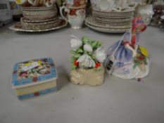 Royal Doulton figure 'Monica' together with a small Wedgwood trinket box & Royal Doulton flower