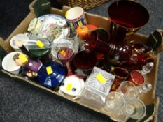 Crate of various glass ornaments, mugs etc