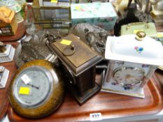 Collection of modern mantel clocks, oak circular barometer, religious wall plaques
