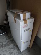 A narrow two-drawer metal coin cabinet with wall fixing & keys