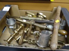 Box of various brass items including candlesticks, love spoon, tankards etc