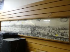 A reproduction framed panoramic print across the Thames, London in the 17th Century