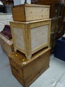 A vintage metal-handled pine trunk together with two other pine boxes