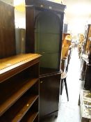 A modern reproduction mahogany effect standing corner cupboard, open shelf top & cupboard base