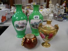 A pair of Japanese decorated milk glass vases with obverse inscriptions, a Crown Devon vesta pot & a