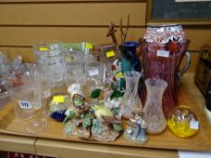 Tray of various glassware & ornaments including paperweights, small Caithness glass vases etc