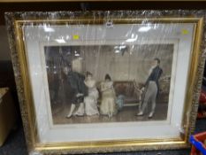 Framed print of a domestic regency scene, signed & with embossed print mark