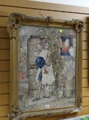 Framed antique tapestry of a narrative with female looking out of window at a male