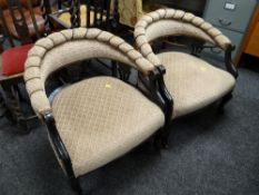 A pair of Edwardian-style salon chairs together with a set of four vintage barley-twist high