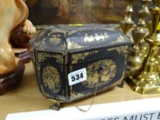 An Chinoiserie lacquer-ware gilt-decorated tea caddy having two internal compartments