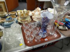 Two coloured glass fish ornaments, large lily vase & a dressing table set etc