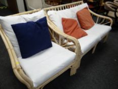 Bamboo conservatory cushioned suite comprising two-seater sofa, armchair, coffee table etc