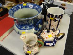 A large blue & white twin-handled planter, Gaudy Welsh-style jug, teapot etc