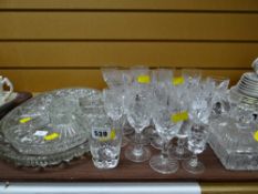 A tray of various drinking glasses, glass hor d'oeuvre trays etc