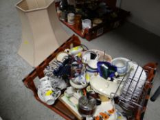 A crate of various china including teaware, large lamp shade etc