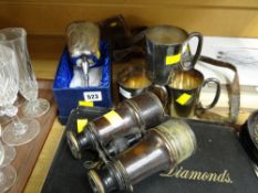 Boxed EPNS goblet, three EPNS tankards & a pair of vintage cased binoculars