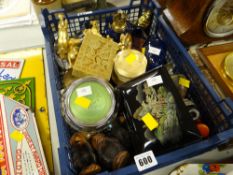 Crate of various collectables including coloured glass, paperweights, ornaments etc