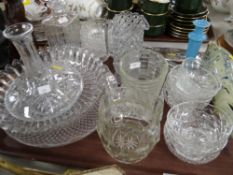 Tray of various glassware including decanters, bowls, decorative fish etc