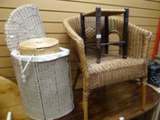 A bamboo & wicker armchair, small wicker topped stool, linen basket etc