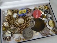 Small box of yellow metal, coins, badges etc