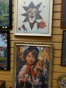 Framed print of an urchin together with a lion's head holding a rose by FLEUR