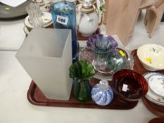 A tray of various coloured glass items including vases, bowls etc