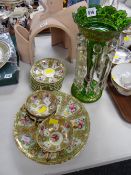 A green lustre vase together with a continental gilt & floral decorated part-teaset