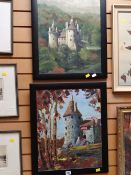 Two framed oils on board of Castell Coch
