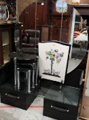 A vintage black painted large circular mirrored dressing table, fire screen & nest of three tables