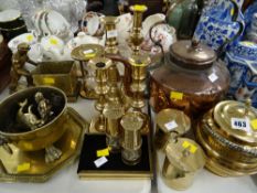 A parcel of metalware including large copper kettle, brass candlesticks, reproduction miner's