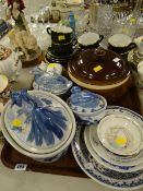 Tray of various china including casserole dish, coffeeware etc