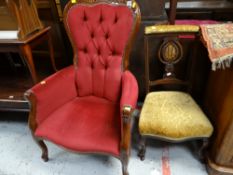 A modern dark wood button backed Queen Anne-style armchair together with a small upholstered &