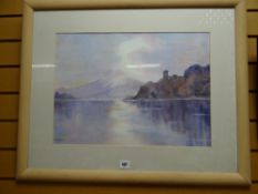 GAYE LLOYD watercolour - tranquil lake with tower, signed