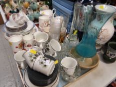 A tray of vintage china & glassware including jelly mould, vase etc