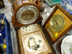 A vintage Smith's oak cased mantel clock, modern barometer thermometer, an owl tile wall clock