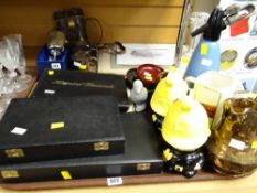 Collection of boxed examples of historical diamond shapes, lustre jug, fireman money boxes etc