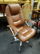 A Lane brown leather & chrome framed office-style armchair