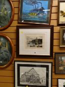 A framed watercolour of Britton Ferry steelworks together with a framed coloured etching of the