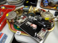 Tray of various collectables including a Swiza small mantel clock, vintage Midland bank money boxes,