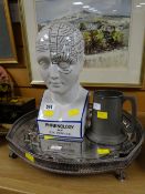 A reproduction phrenology head together with a galleried EPNS tray etc
