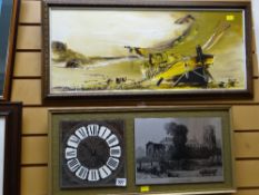 Framed oil on board of beached sailing boat together with a combined framed clock & engraving of